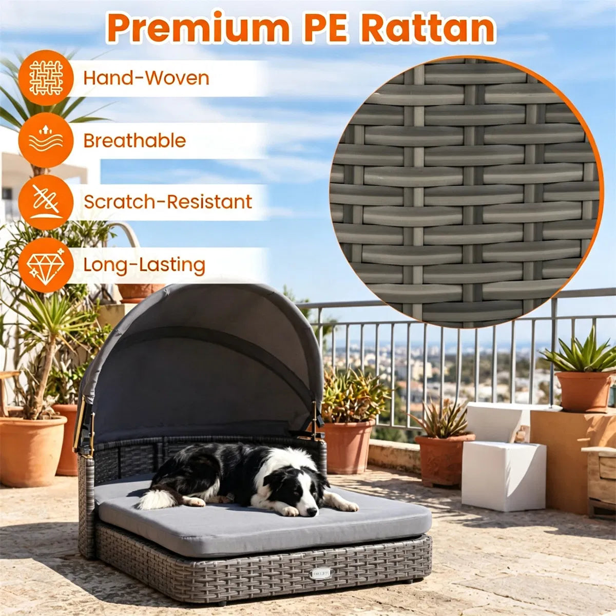 Gray Hand-Woven PE Rattan Dog Bed with Adjustable Canopy, Elevated Outdoor Pet Daybed with Washable Plush Cushion, Anti-