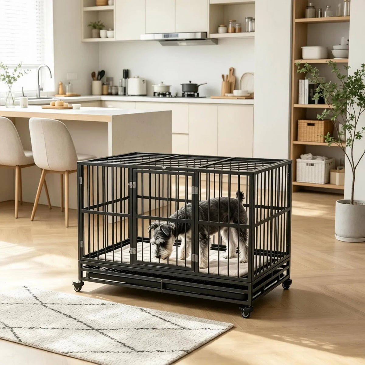48" Heavy Duty Metal Dog Crate Kennel with Lockable Wheels Double Door Removable Tray Gray