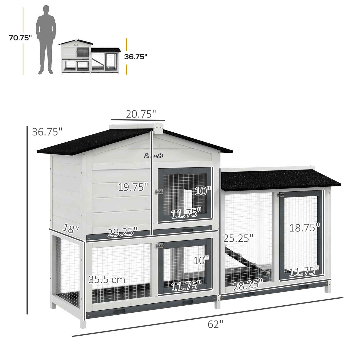 62" Rabbit Hutch, Wooden Bunny Hutch, Guinea Pig Cage, Small Animal Enclosure with Run Area, Removable Tray, Asphalt Roo