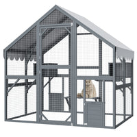 Large Outdoor Cat House, 28ft² Luxury Wooden Cat Run Enclosure Walk in Cat Catio Kitten Condo with 2 Cat Doors, 2 Plaype