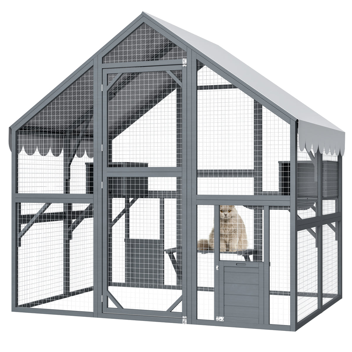 Large Outdoor Cat House, 28ft² Luxury Wooden Cat Run Enclosure Walk in Cat Catio Kitten Condo with 2 Cat Doors, 2 Plaype
