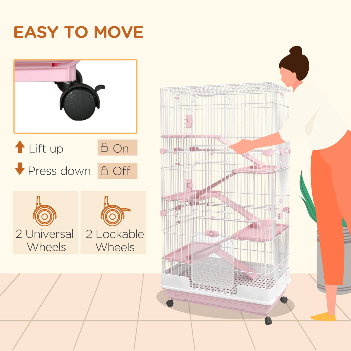 32"L 6-Level Small Animal Cage Rabbit Hutch with Universal Lockable Wheels, Slide-out Tray for Bunny, Chinchillas, Ferre