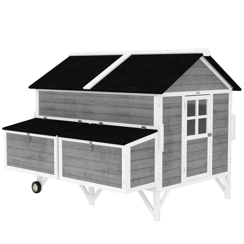 Wooden Chicken Coop W Wheels, Handles, 2 Nesting Boxes, 2 Trays, 4 Perches, Chicken Tractor For 4-6 Chickens, GrayFor Mu