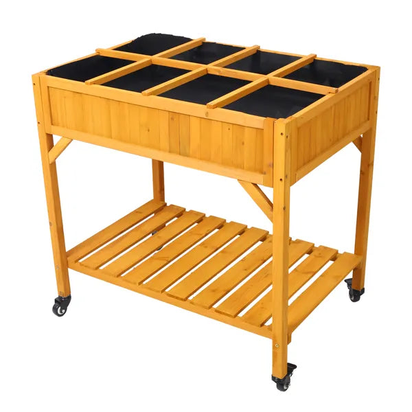 Elevated 8 Pocket Herb Garden Bed, Mobile Raised Customizable Wood Planter For Herbs, Vegetables, Flowers W/ Lockable Wh
