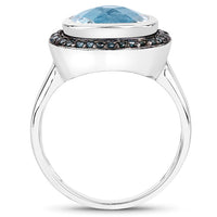 5.23 Carat Genuine Swiss Blue Topaz and Black Diamond .925 Sterling Silver Ring