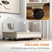 Rolling Small Animal Cage with Water Bottle, Hay Feeder, Food Dish for Rabbits, Hedgehogs, Guinea Pigs, 35" x 35" x 25"