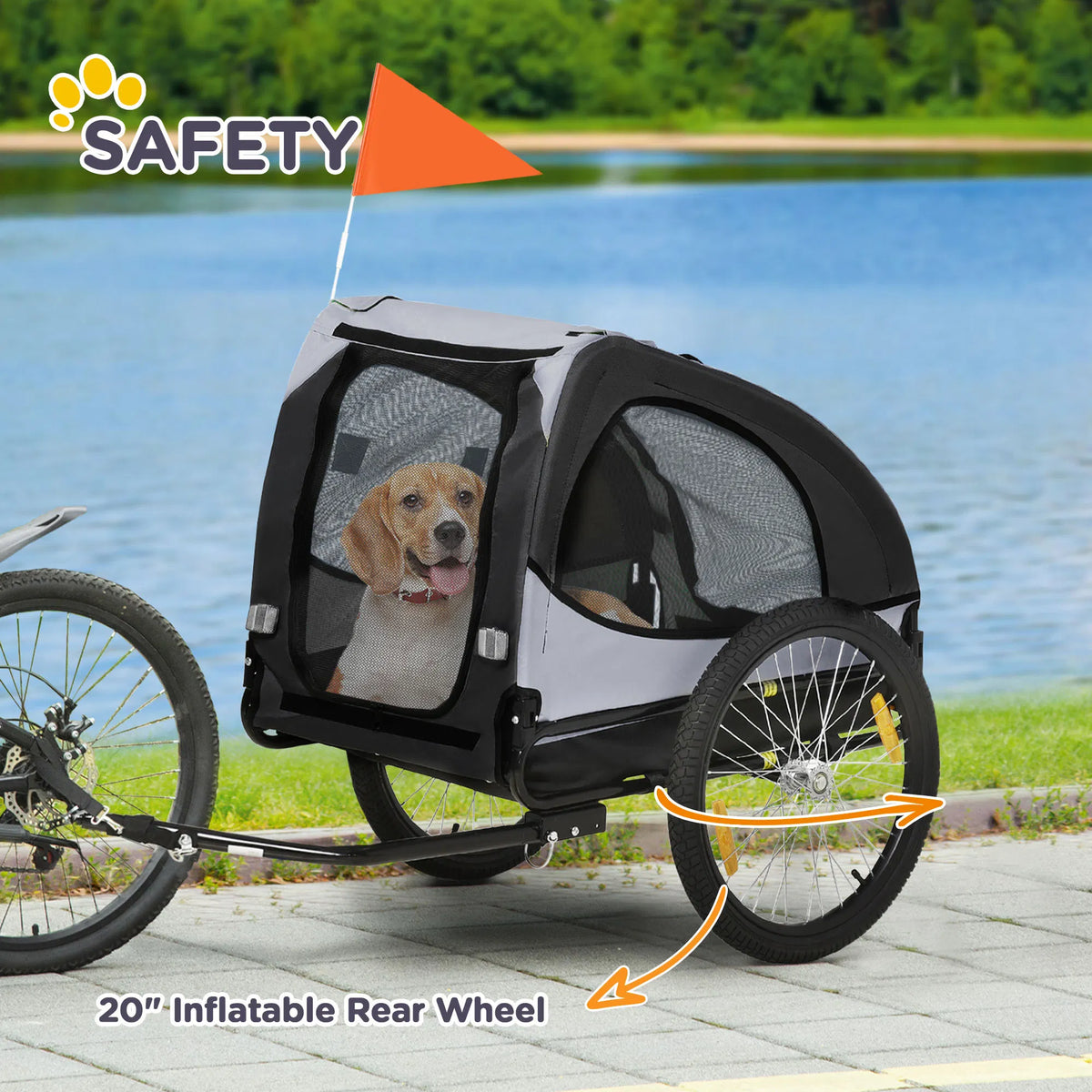 Dog Bike Trailer with Hitch Coupler, Quick Release Wheels, Reflectors, Flag for Medium Dogs, Black