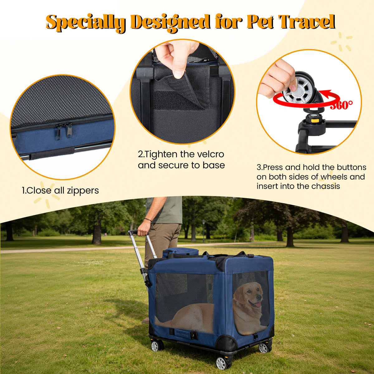 2 In 1, 24 Collapsible Travel Dog Crate For Medium Large Dogs, Rolling Pet Carrier With Wheels, 3-Door Portable Folding 