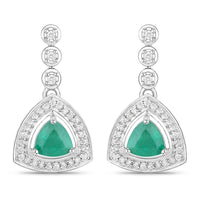 1.39 Carat Genuine Zambian Emerald and White Diamond 14K White Gold Earrings