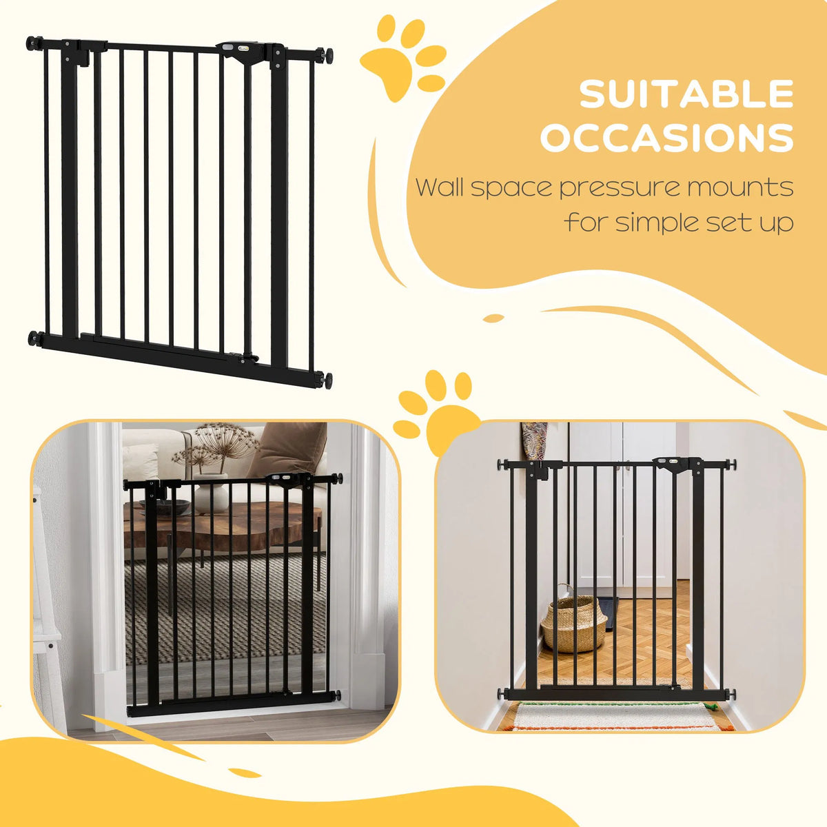 30 Inch Tall Pet Gate with Door Dog Gate and Barrier Indoor for Stairs, Pressure-Mounted Safety Gate, Black