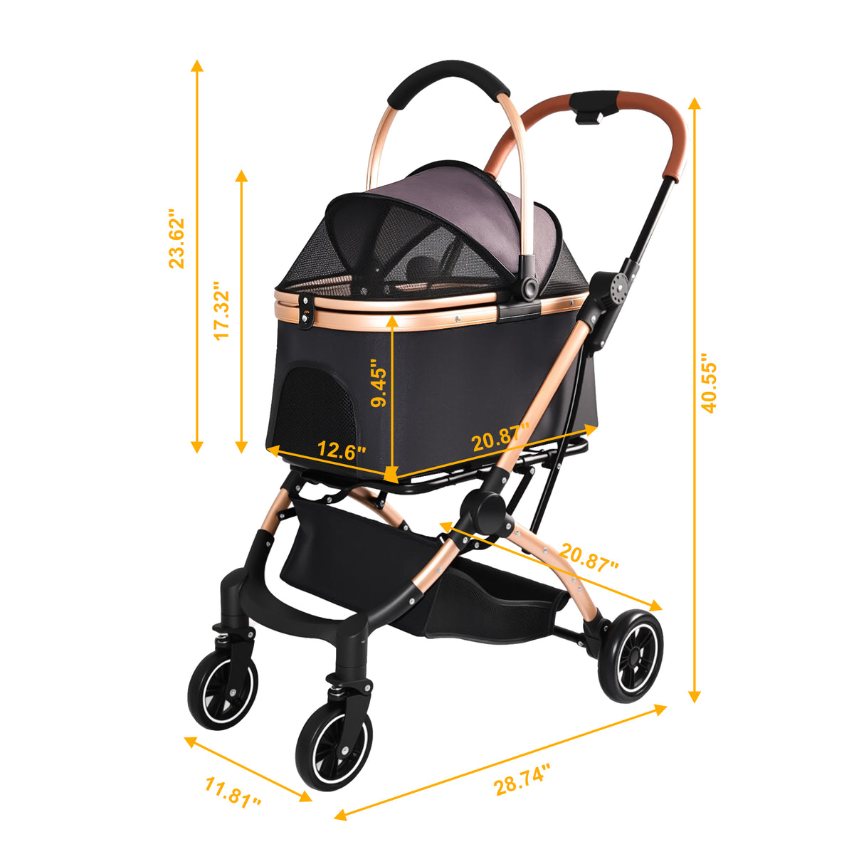 Pet Stroller for Dogs and Cats, 2-in-1 Detachable Foldable 4 Wheels Pet Stroller, Quick One-Hand Fold, Storage Basket, D