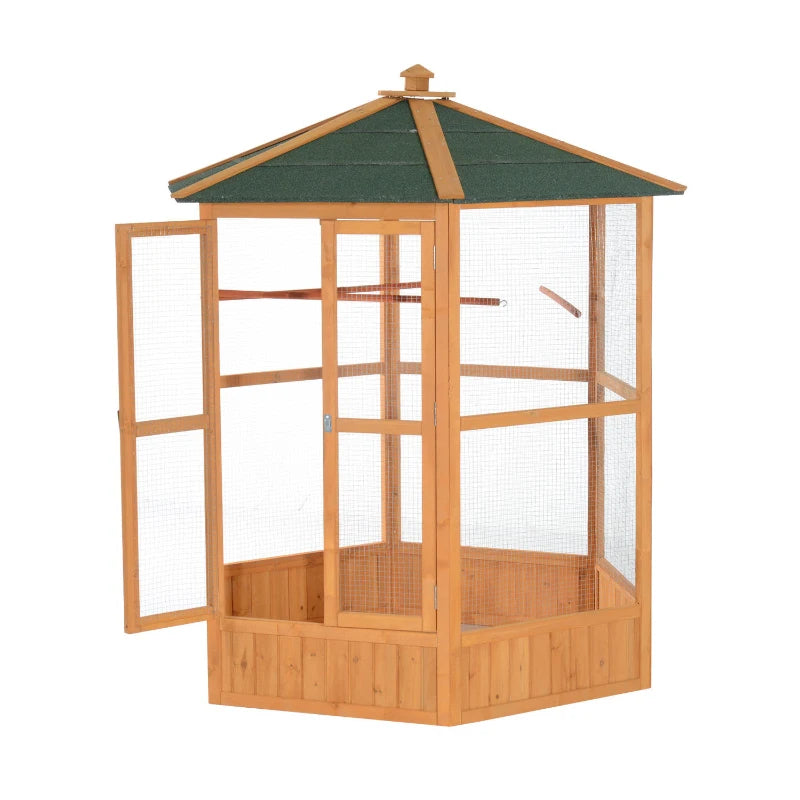 PawHut 69 Wooden Hexagonal Outdoor Aviary Flight Bird Cage With Covered Roof, BrownFor Multiple Packages, Please Pay Att
