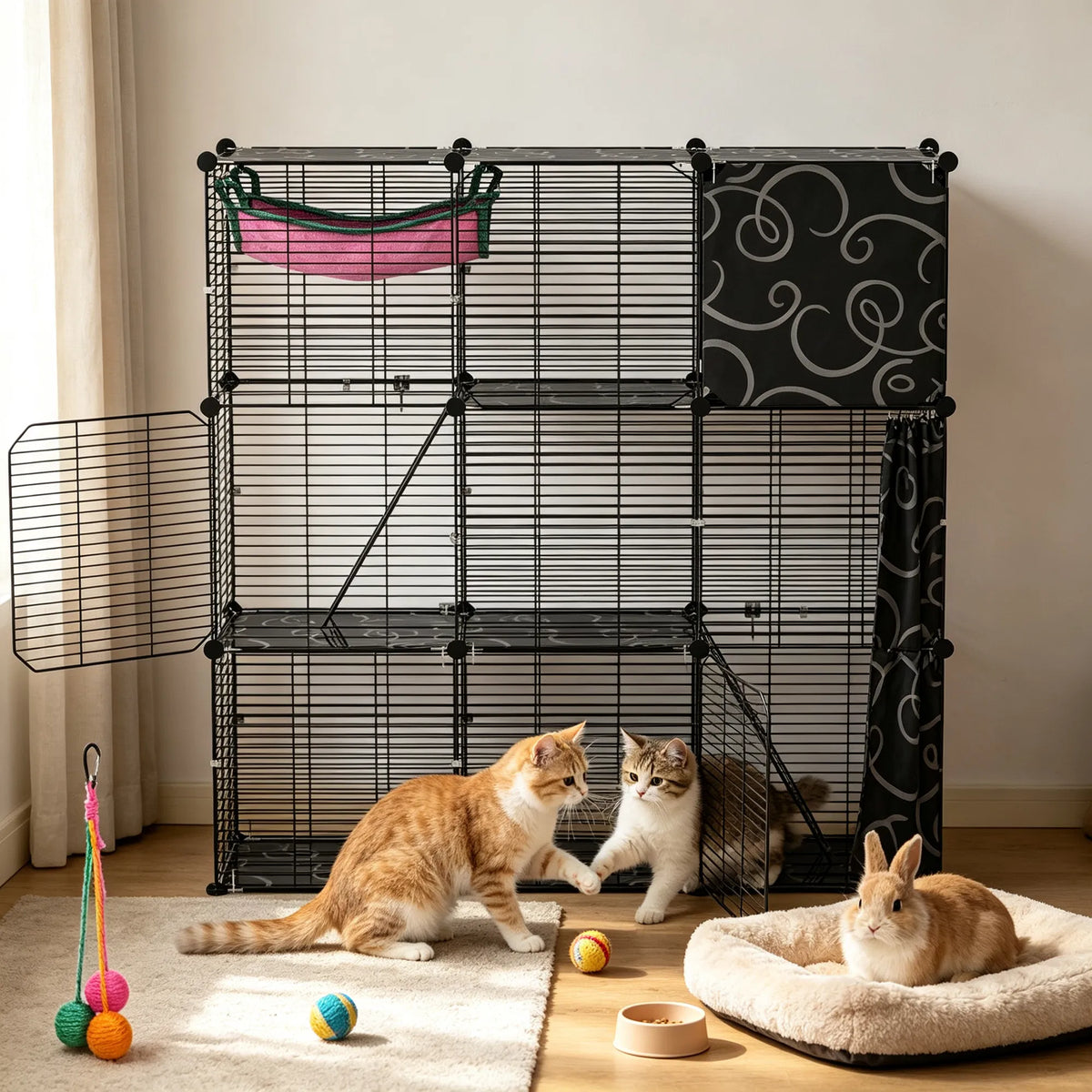3-Level Metal Cat Cage Enclosure, Modular Pet Habitat with 3 Doors, 2 Ladders, Plush Hammock and Toy Ball for Small Indo