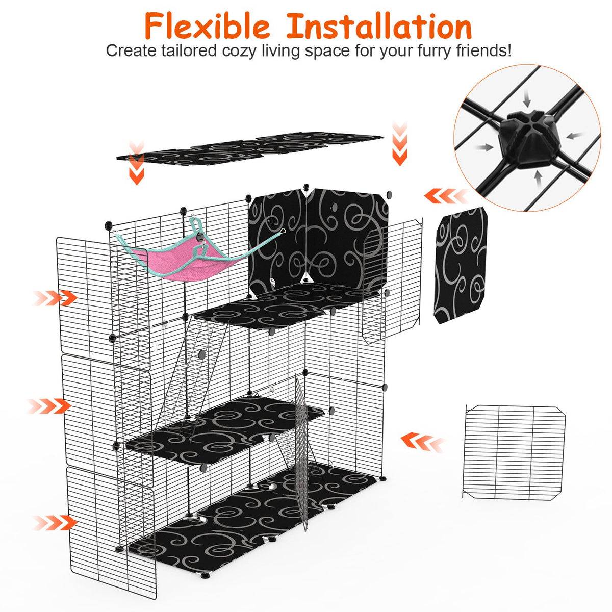 3-Tier Cat Cage Enclosure Indoor Cat Cage Playpen With Hammock Toy Ball Ladder DIY Iron Wire Cat House Kennels Crate For