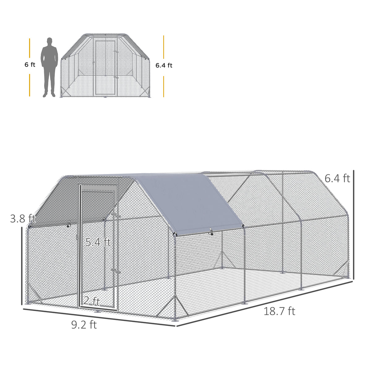 9.2 x 18.7 x 6.4 Large Chicken Coop Metal Chicken Run with Waterproof and Anti-UV Cover, Flat Shaped Walk in Fence Cage 
