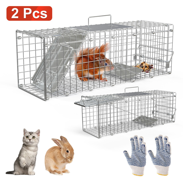 2PCS 24 Inch Humane Live Animal Trap Cage, Galvanized Steel Catch And Release Trap For Squirrel, Rabbit, Chipmunk, Groun