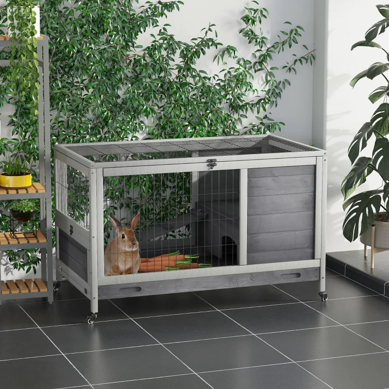 PawHut Indoor Rabbit Enclosure, Wooden Elevated Cage Habitat With Enclosed Run With Wheels - Ideal For Rabbits And Guine