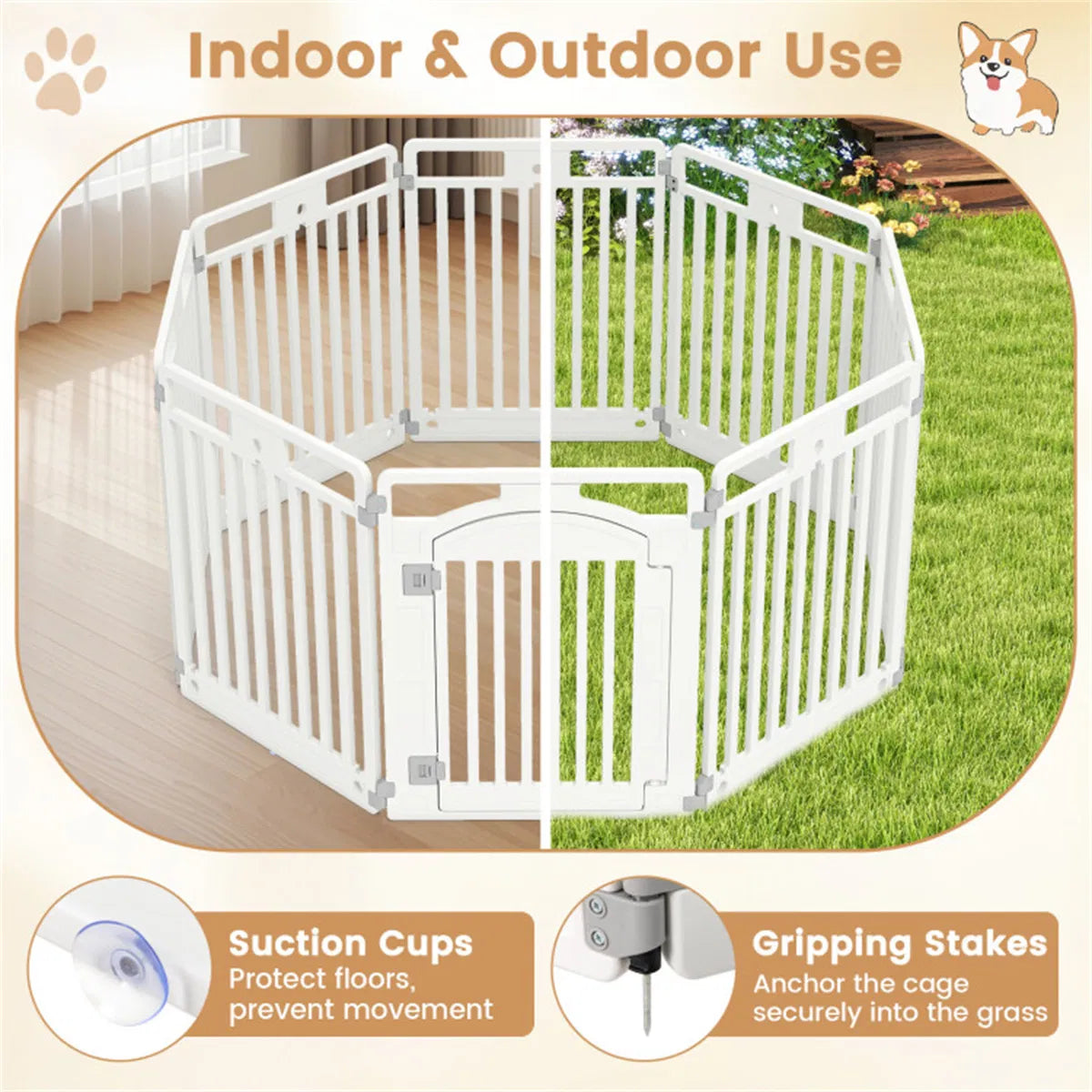 8-Panel HDPE Pet Fence (White) - Multiple Configurations (Octagon/Square/House), 50"x50"x32" Square Size, Lockable Door