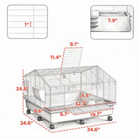 35"35"25" Rolling Small Animal Cage with Water Bottle Hay Feeder Food Dish for Rabbits Hedgehogs Guinea Pigs