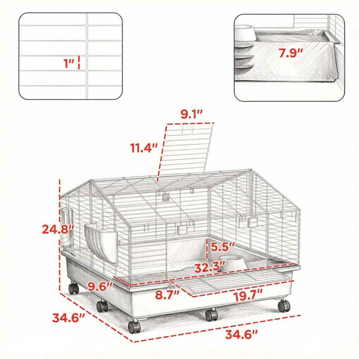 35"35"25" Rolling Small Animal Cage with Water Bottle Hay Feeder Food Dish for Rabbits Hedgehogs Guinea Pigs