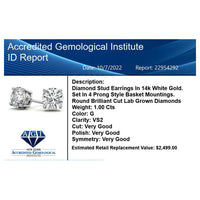 1.50 CTW Lab Grown Diamond Round Stud Earrings in 14K Solid Gold – G/VS Certified
