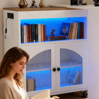 Kitchen Island On Wheels With Extended Table MDF Rolling Kitchen Storage Cart With LED Light Power Outlets 2 Fluted Glas