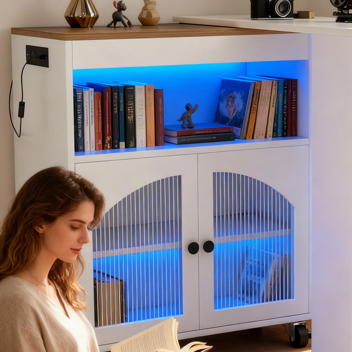 Kitchen Island On Wheels With Extended Table MDF Rolling Kitchen Storage Cart With LED Light Power Outlets 2 Fluted Glas