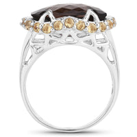 9.58 Carat Genuine Smoky Quartz and Citrine .925 Sterling Silver Ring
