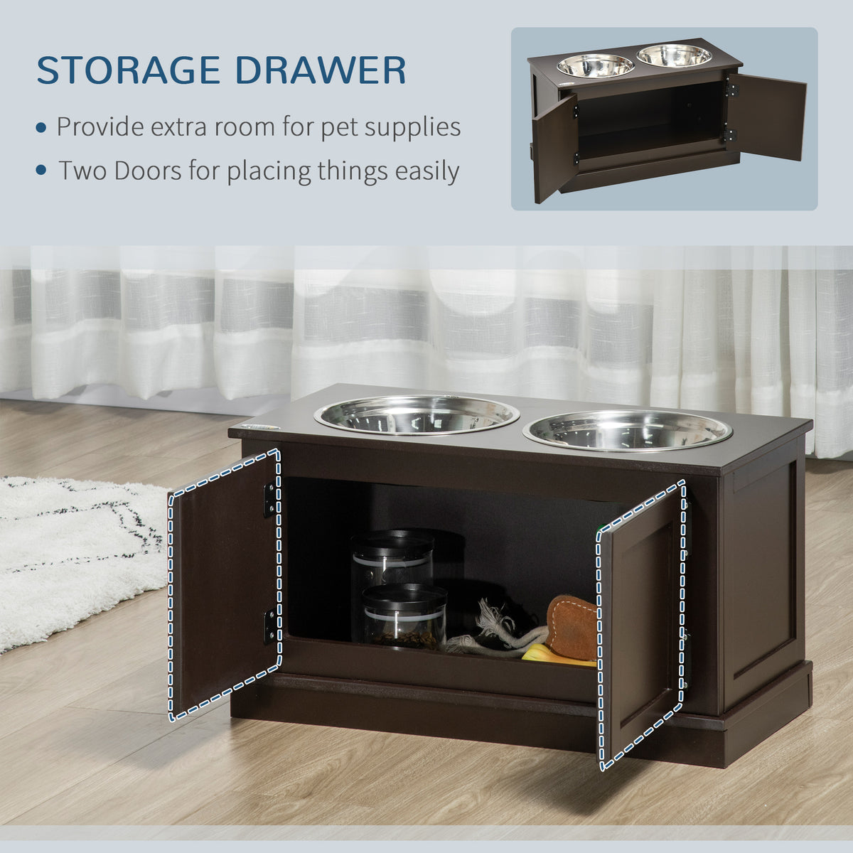 Elevated Dog Bowls with Storage, Two Stainless Steel Bowls for Large Dogs, Coffee