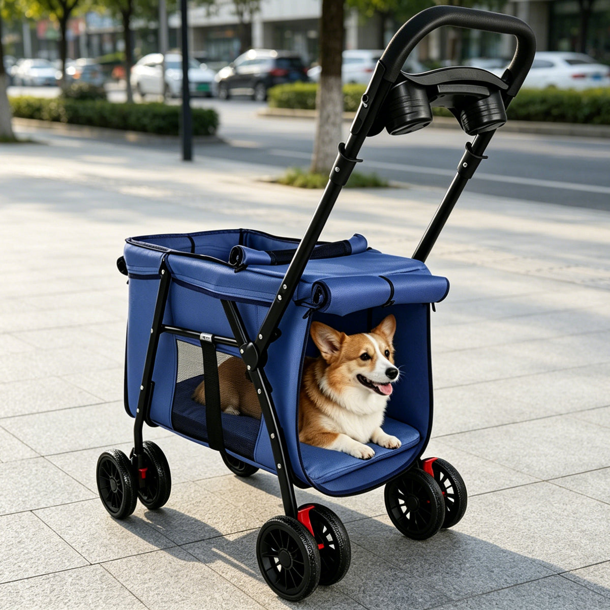 Pet Stroller, Foldable 4-Wheel Design, Breathable Mesh Dog Cat Stroller with Shockproof Wheels, Brake System, Storage Tr