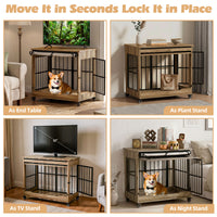 32in Dog Crate Furniture, Double Door Wooden Indoor Dog Kennel Furniture, Decorative Pet Cage End Table With Wheels For 