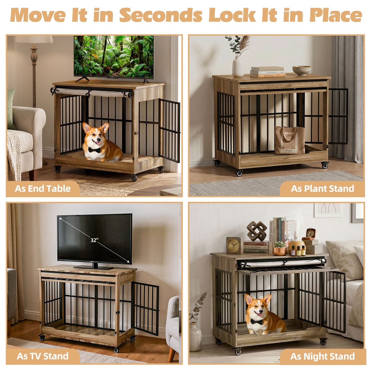 32in Dog Crate Furniture, Double Door Wooden Indoor Dog Kennel Furniture, Decorative Pet Cage End Table With Wheels For 