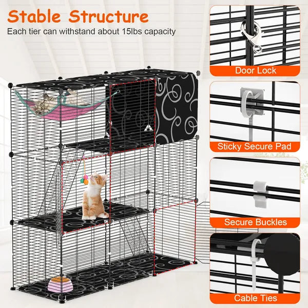 3-Tier Cat Cage Enclosure Indoor Cat Cage Playpen With Hammock Toy Ball Ladder DIY Iron Wire Cat House Kennels Crate For