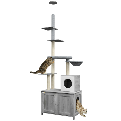 PawHut Cat Tree With Litter Box Enclosure, 2 In 1 Floor To Ceiling Cat Tower Litter Box Furniture With Condo, Bed, Hammo