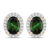 1.92 Carat Genuine Green Tourmaline and White Diamond 14K Yellow Gold Earrings