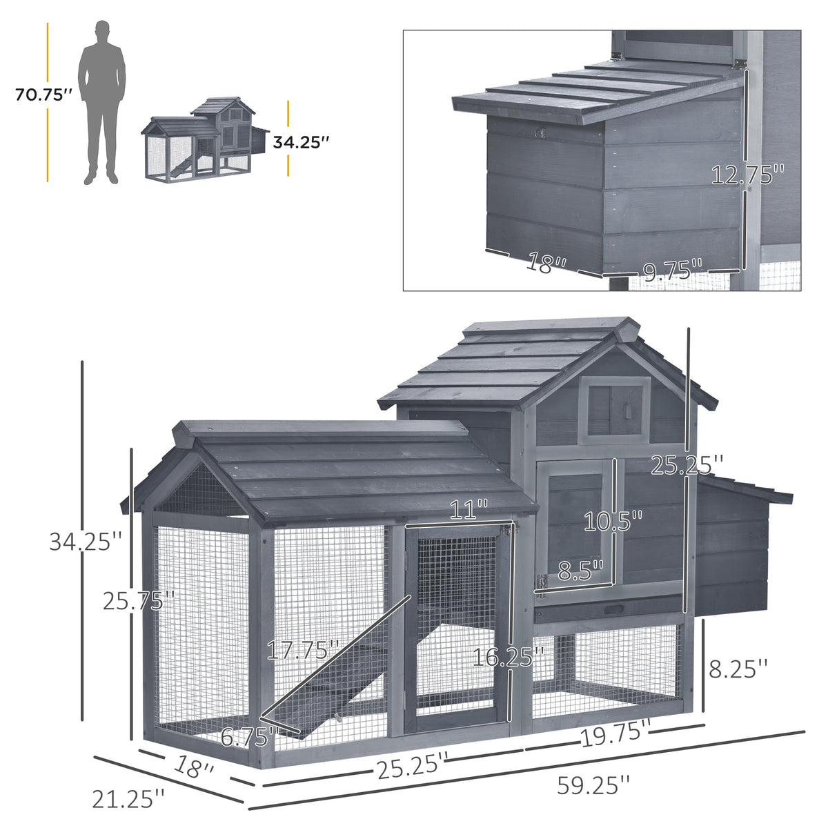 59" Small Wooden Chicken coop Hen House Poultry Cage for Outdoor Backyard with 2 Doors, Nesting Box and Removable Tray, 