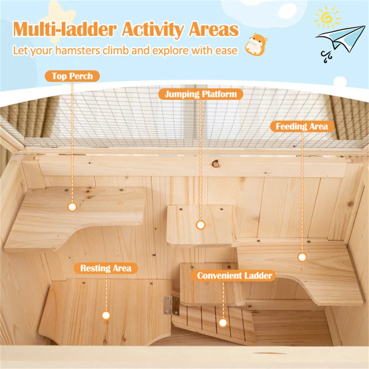 31.5 " Fir Wood Hamster Cage with Flip Mesh Roof, Multi-Level Activity Areas & Bottom Storage Shelf