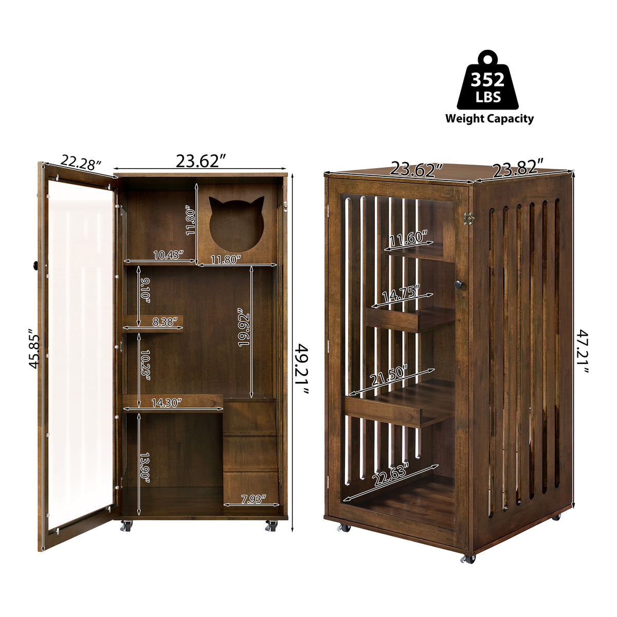 Basia Indoor Rubber Wood Cat Cabinet with Wheels, Ventilated Indoor Cat Condo with Multi-Level Shelves & Lockable Door, 
