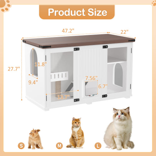 47.25 Large Cat Litter Box Enclosure With LED Light, Hidden Litter Box Furniture, Cat House With Stairs And Cat Scratchi