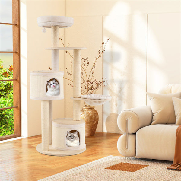 60 Inch Tall Wooden Cat Tree Multi-Level Cat Tower With Sisal Scratching Posts & Condos For Indoor Cats, Natural