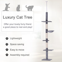 102" Adjustable Height Floor to Ceiling Cat Tree, 5 Level Cat Tower with Scratching Posts, Hammock, Gray