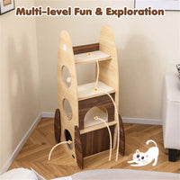 4-Tier Rocket Shape Cat Tree with 2-Tier Condo Sisal Scratch Pad Hanging Pompom Natural+White