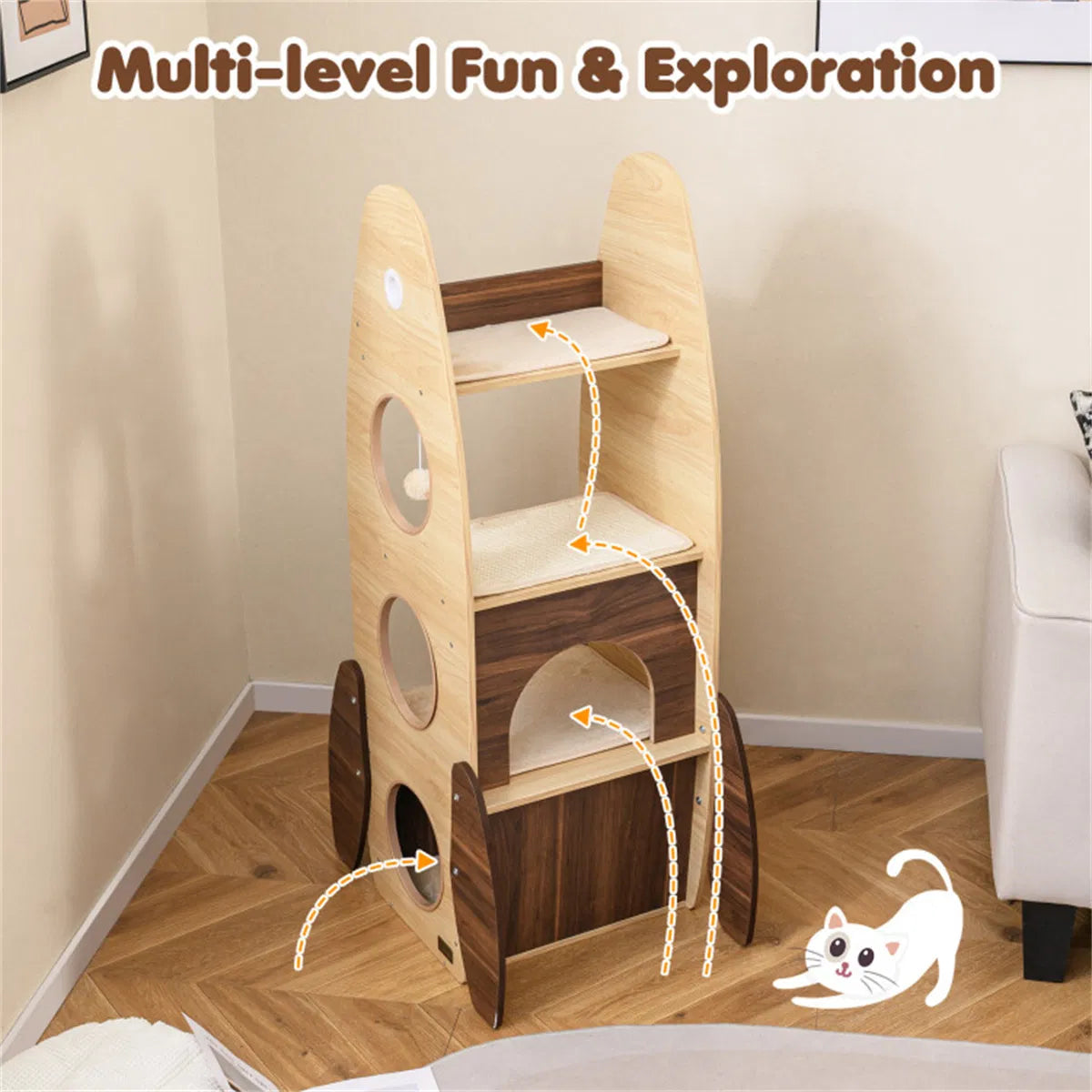 4-Tier Rocket Shape Cat Tree with 2-Tier Condo Sisal Scratch Pad Hanging Pompom Natural+White