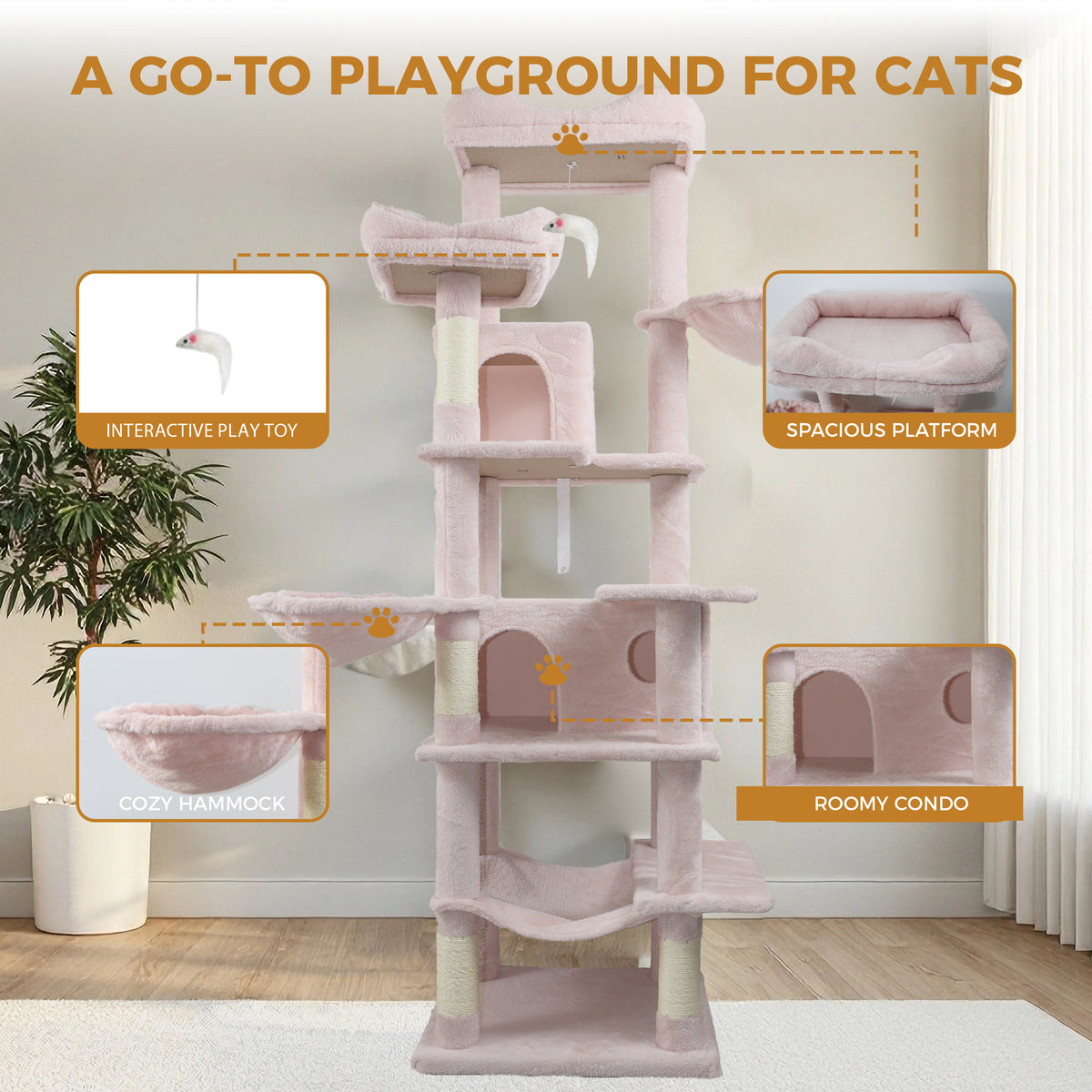 68in Tall Multi-Level Green Cat Tree with Hammocks, Hanging Basket, Cat Cave, Removeable Cushion, Scratching Posts - Plu