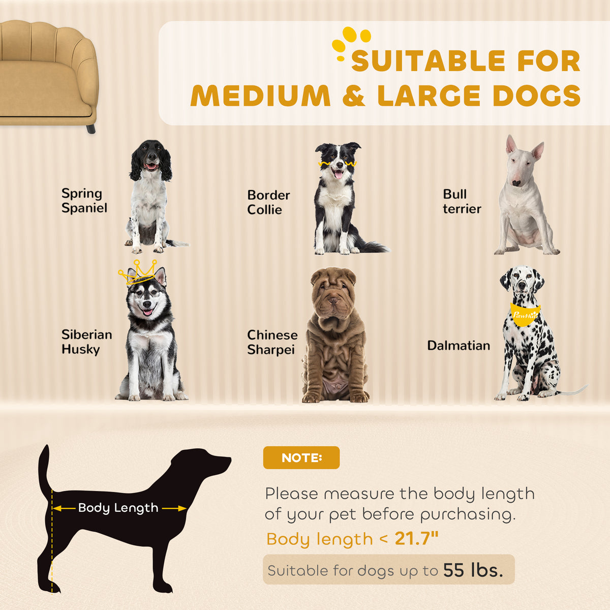 Pearl Design Pet Sofa for Medium and Large Sized Dogs, Pet Bed with Cushion and Solid Wood Legs, Coffee