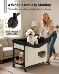 Elevated Lounge Pet Bed, Foldable Bunk Dog Bed With 600D Oxford Cloth And Dutch Velvet, Portable Raised Cot With Wheels,