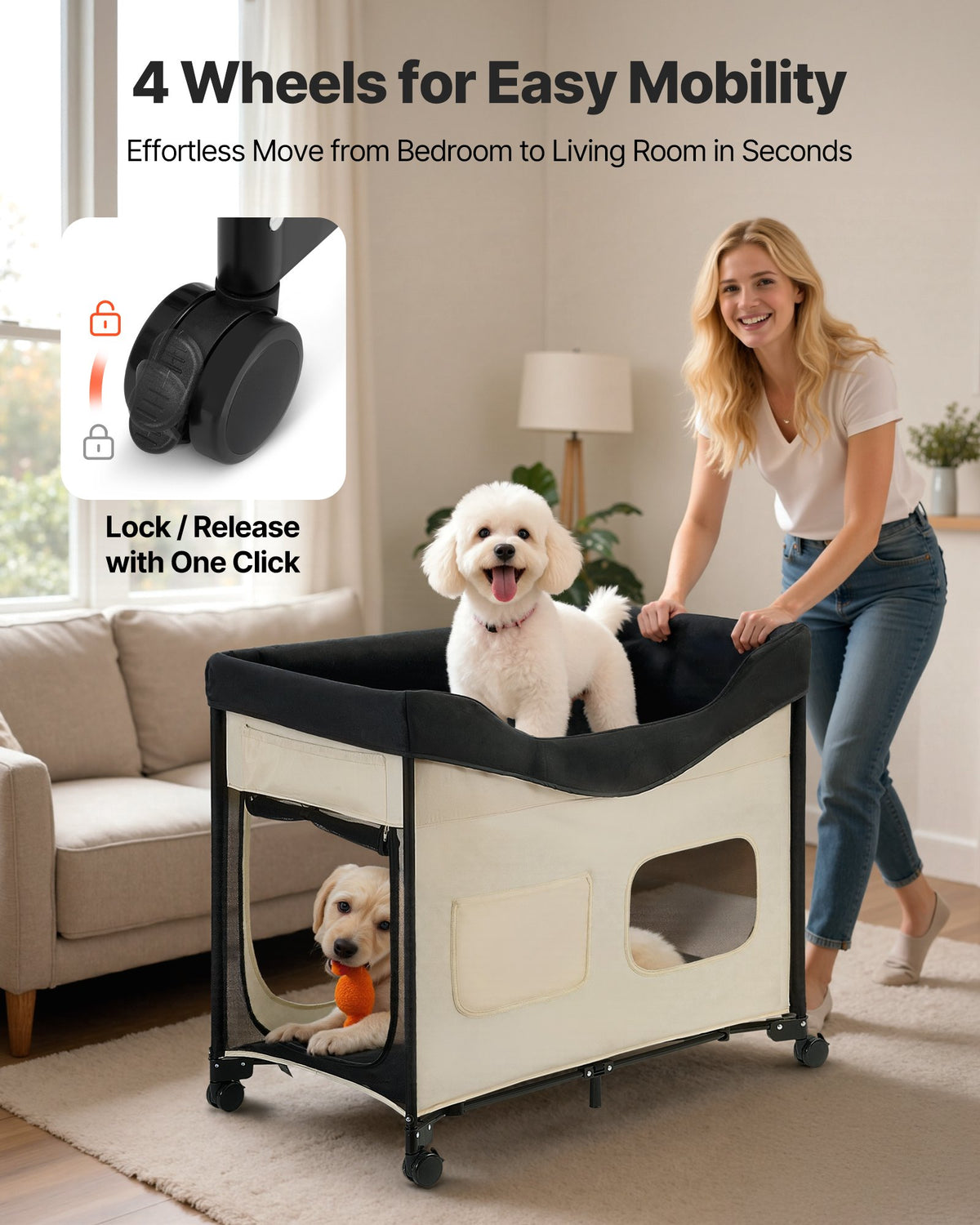 Elevated Lounge Pet Bed, Foldable Bunk Dog Bed With 600D Oxford Cloth And Dutch Velvet, Portable Raised Cot With Wheels,