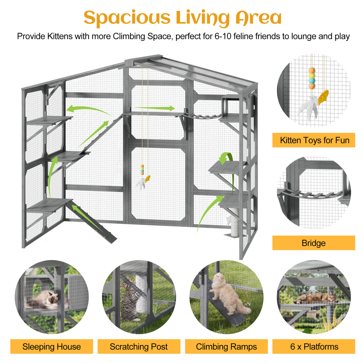 Large Outdoor Catio for 6-10 Cats, Pine Wood Cat Cage Outdoor with Weatherproof Roof, 6 Platforms, Climbing Ramp, 1 Rest