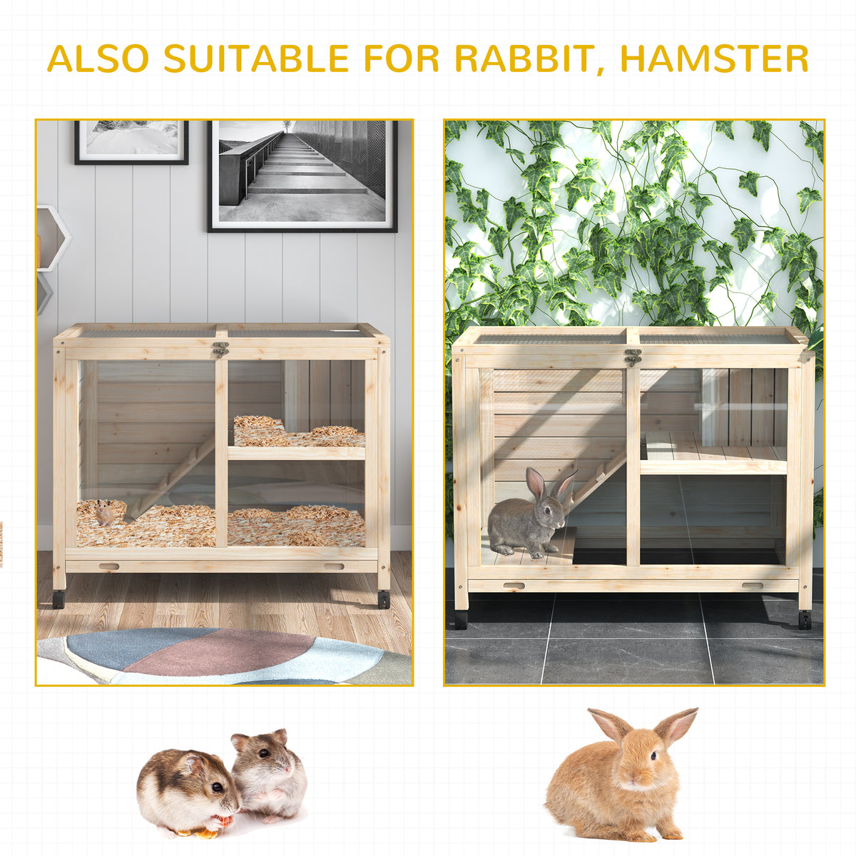 Rabbit Hutch with Wheels, Desk and Side Table Sized, Wooden Rabbit Cage, Waterproof Small Bunny Cage with Removable Tray