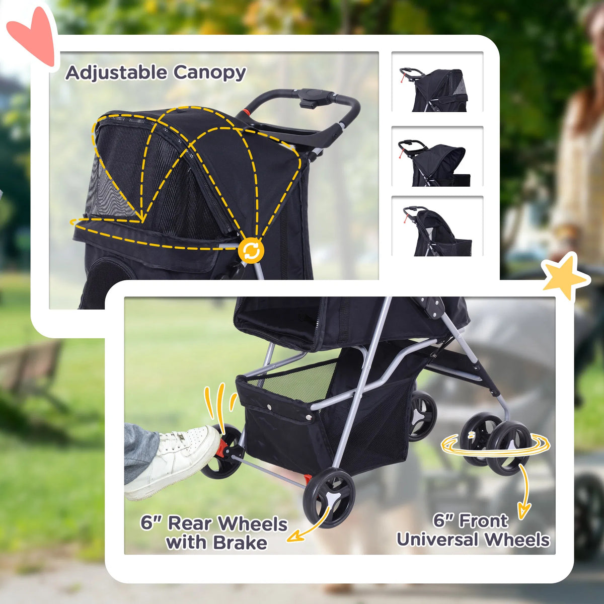 Dog Stroller, One-click Folding Pet Stroller with Cup Holder, 4 Wheels Travel Carrier w/ Brakes, 360° Swiveling Front Wh